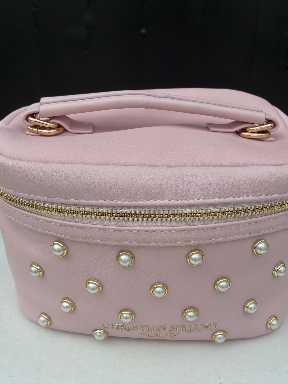 Christian Siriano Pale Pink Pearl-Studded Top-Handle Cosmetic Case